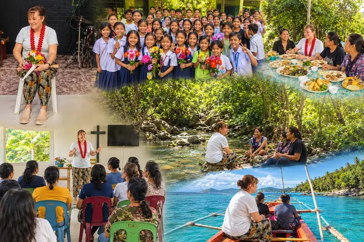 An illustrated collage of the Philippines with Penny among AI-generated people and places: school students holding flowers, a shared meal, a talk in a church hall, a conversation beside a river and a boat trip