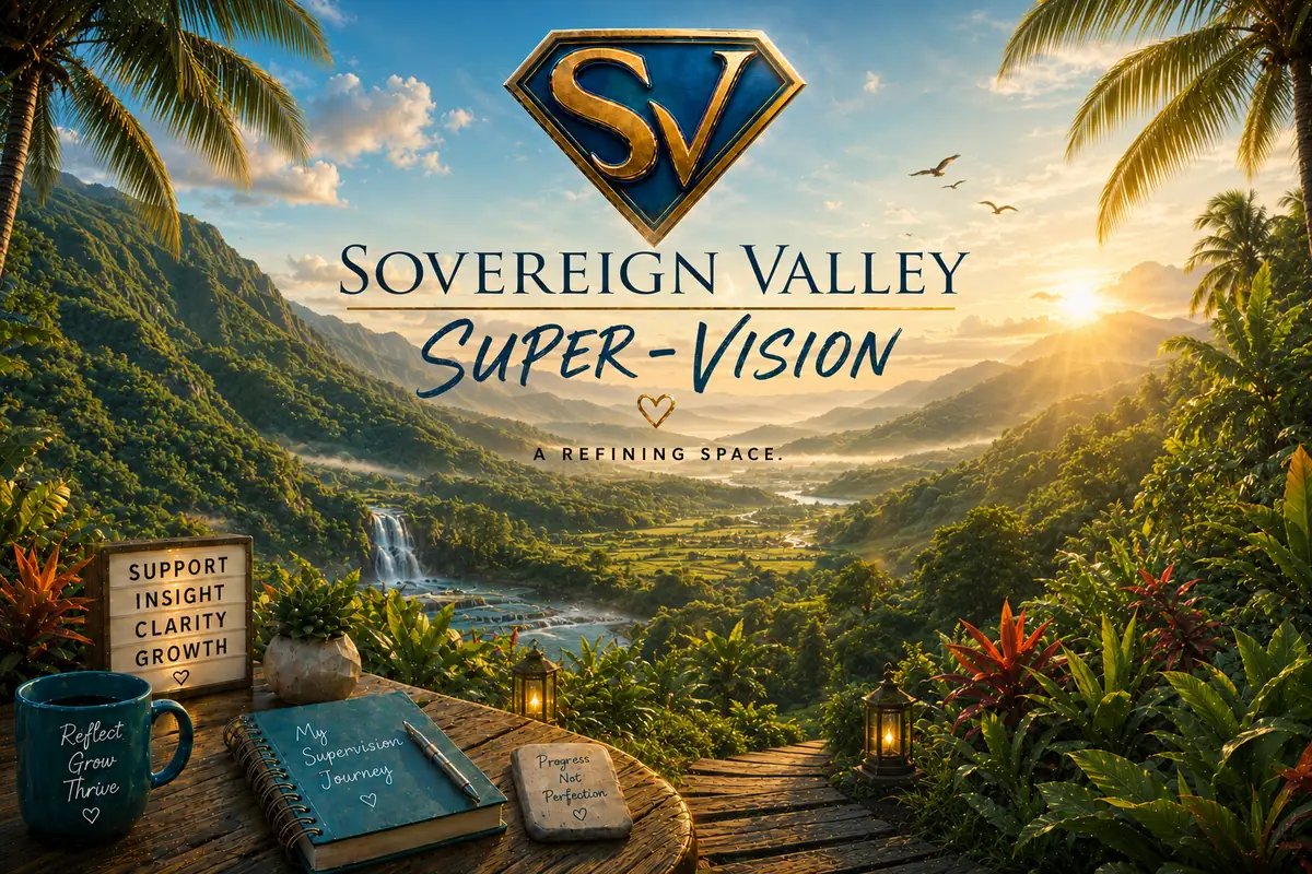 The Sovereign Valley Super-Vision logo, A refining space, above a sunlit rainforest valley
