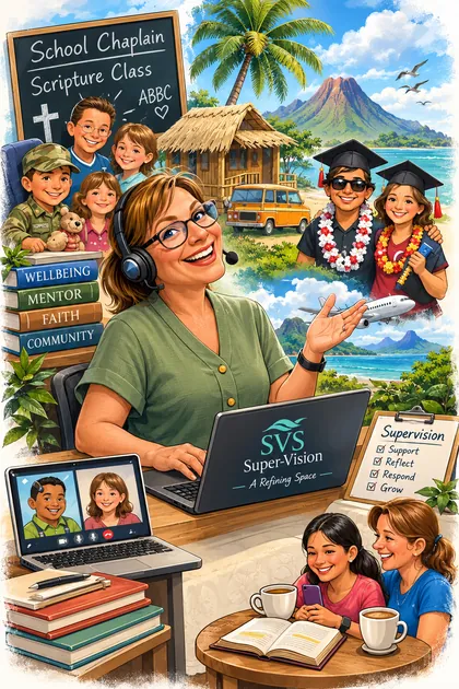 Illustration of a supervisor wearing a headset at a laptop that reads Super-Vision, A Refining Space, among scenes of school chaplaincy, mentoring, island life, a video call and a clipboard reading Supervision: Support, Reflect, Respond, Grow