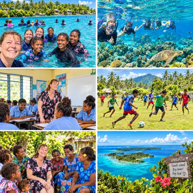 An illustrated collage of Vanuatu with Penny among AI-generated people and places: young people swimming and snorkelling, a classroom, a football game on the grass, women and children together, and an island view with a sign reading Vanuatu