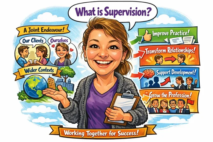 Illustration headed What is Supervision?: a joint endeavour between our clients, ourselves and wider contexts, to improve practice, transform relationships, support development and grow the profession, working together for success